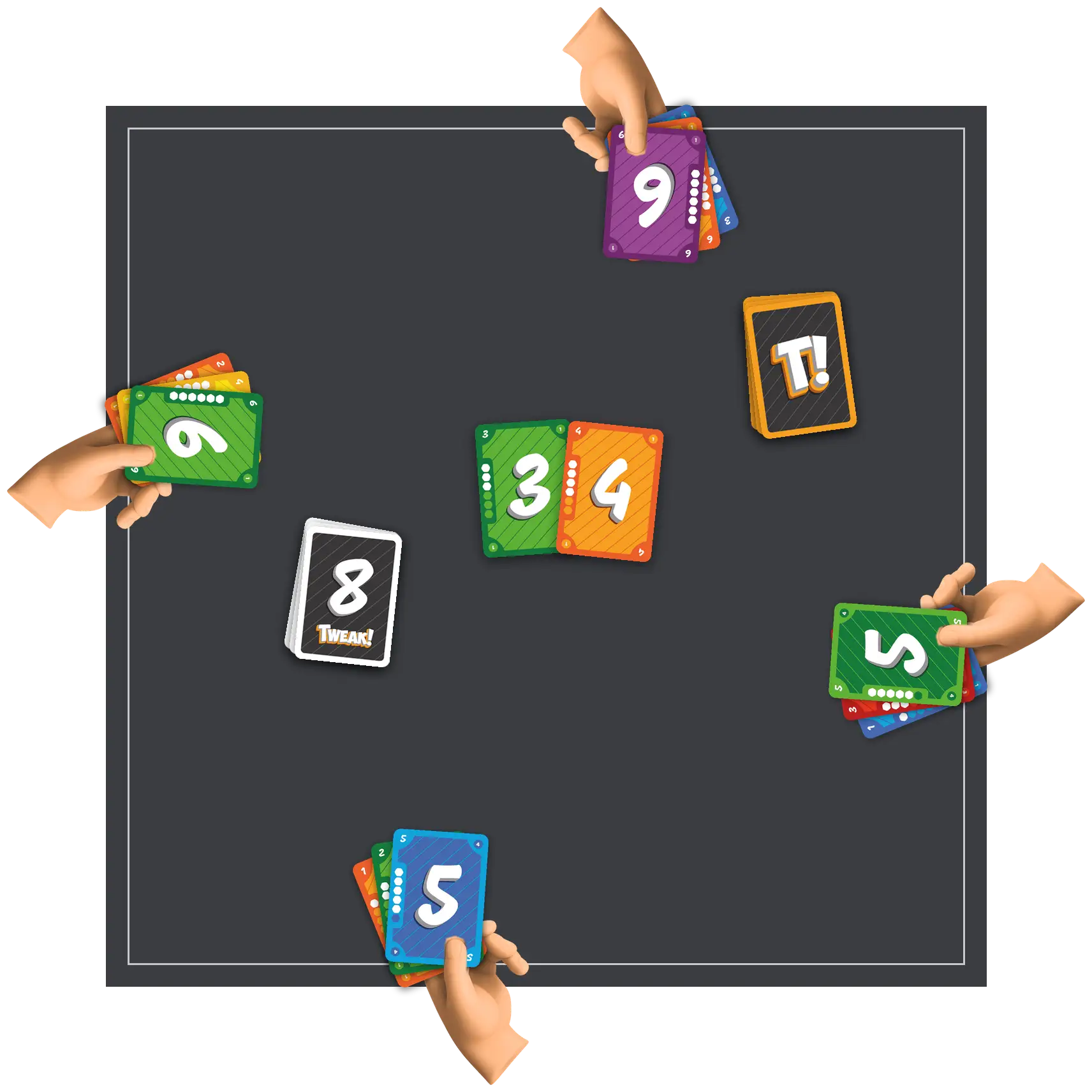 La mesa preparada: mazo central, mazo de cartas de acción, dos cartas en la mesa y las manos de los jugadores con sus cartas